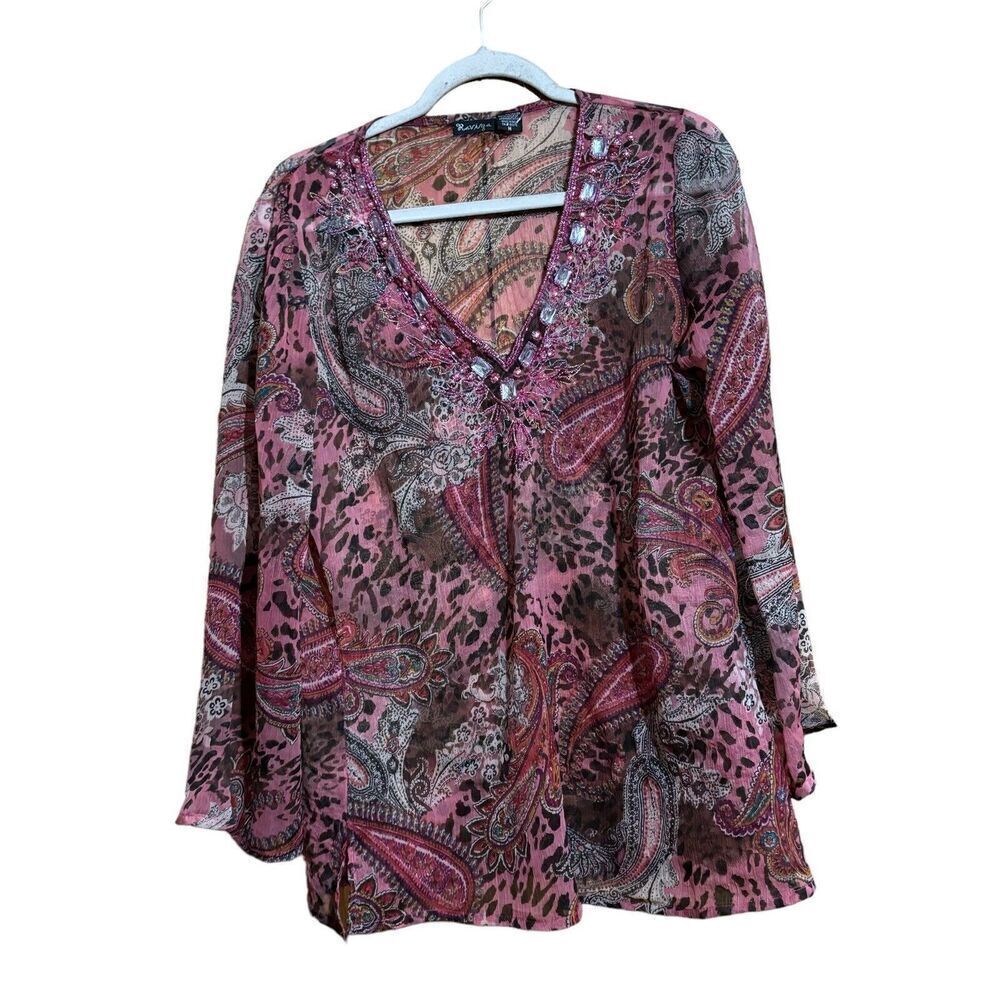 Raviya Blouse Womens Medium Mixed Print Boho Embellished Beaded Sheer Tunic Top